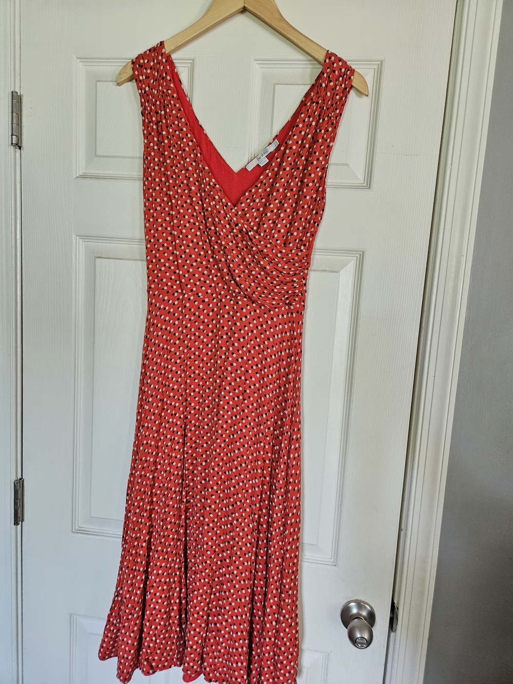Boden Red Polka Dot V-Neck Midi Dress, Size 8 Long